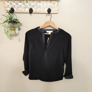 NWT Michael Kors Shirt Faux Leather Trim and Cuffs V-Neck Women’s Blouse Size XS